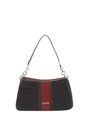Piccola borsa nera con motivo in rilievo, striscia verticale centrale rossa e marrone, logo LIU JO dorato e corta tracolla singola.