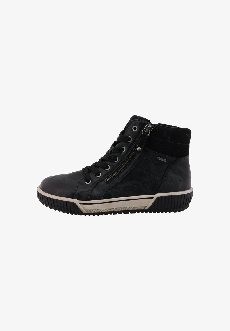 Svarte høyde sneakers laget av lær og tekstil. Har snøring, sideglidelås, gummisåle, kontrastfarget midtsåle og teksturerte detaljer.
