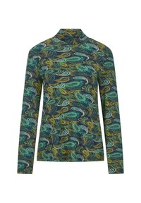 Langarm-Top mit Mock-Neck, das ein Paisleymuster in Petrol, Gelb und Weiß auf einem dunklen Hintergrund zeigt; aus einem dehnbaren Stoff gefertigt.
