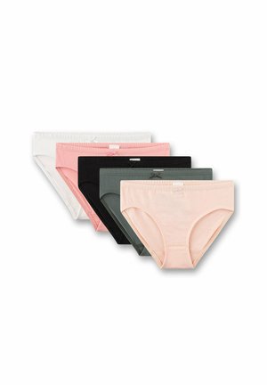 Fünf Baumwoll-Damenslips in sanften Pink-, Grün-, Schwarz-, Korallen- und Weißtönen, fächerförmig auf einem weißen Hintergrund gestapelt.