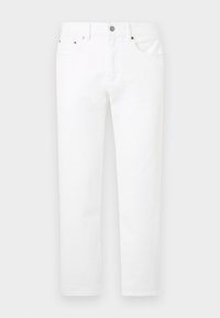 White denim jeans with a straight-leg design, five-pocket styling, and metal hardware on the front. Smooth texture with no visible patterns.