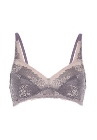 Bralette in pizzo grigio con morbide rifiniture beige. Presenta motivi floreali, spalline regolabili e una texture in rete. Finitura liscia.