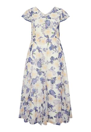 Robe blanche à manches courtes avec un motif floral de fleurs violettes et jaunes et une jupe fluide à plusieurs couches.