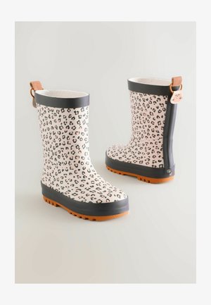 Rozā leoparda raksta lietus zābaki ar pelēkiem augšējo daļu un oranžiem zoles, ar nelielu ķepas nospiedumu un cilpu roku ērtai uzvilkšanai.