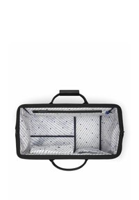 Sac rectangulaire noir avec un extérieur texturé. L'intérieur présente une doublure blanche à rayures diagonales bleues et plusieurs compartiments pour l'organisation.