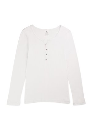 Biała koszula z długim rękawem, okrągłym dekoltem i pięcioma metalowymi guzikami z przodu. Miękka tkanina o gładkiej fakturze.