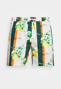 Heren zwembroek met een citroenpatroon en groene bladeren op een witte achtergrond, geaccentueerd met oranje en groene verticale strepen. Trekkoord in de tailleband.