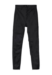Pantalons noirs ajustés en mélange de coton. Caractéristiques : zip, design à cinq poches et texture lisse avec un minimum de détails.