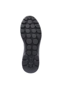 Schwarze Gummisohle mit kreisförmigen Traktionspolstern, die in drei vertikalen Reihen angeordnet sind, und strukturierten Grip-Linien entlang der Ränder.