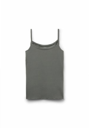 Top de tanque gris con tirantes finos, fabricado en una tela suave y transpirable. Presenta un diseño sencillo, escote redondeado y línea de dobladillo recta.