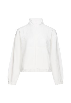 Weisse Jacke mit langen Ärmeln, hohem Kragen, Frontreißverschluss, elastischen Bündchen und lockerer Passform auf einfarbigem Hintergrund.