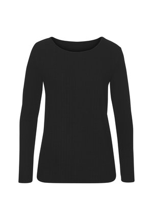 Schwarzes Langarmoberteil mit gerippter Textur und weitem Rundhalsausschnitt. Schmale Passform mit schlichter Gestaltung und abgerundetem Saum.