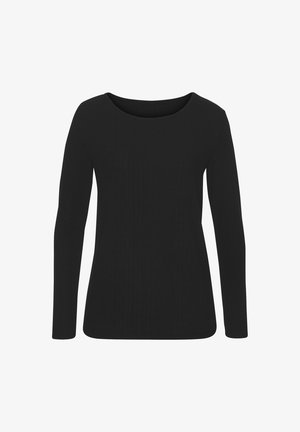 Zwarte langemouwen top met een geribbelde textuur en een brede ronde halslijn. Slim fit met een onversierd ontwerp en een gebogen zoom.