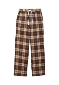 Pantalon en vichy marron avec une taille élastique et un cordon de serrage, doté de boutons à l'avant, fabriqué dans un tissu doux avec une texture brossée.