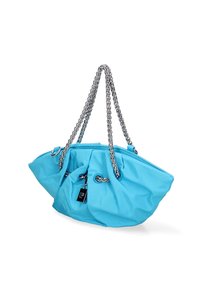 Borsa a tracolla in nylon blu con manici in catena argentata, design arricciato e un piccolo charm nero con logo. Texture liscia con finitura lucida.