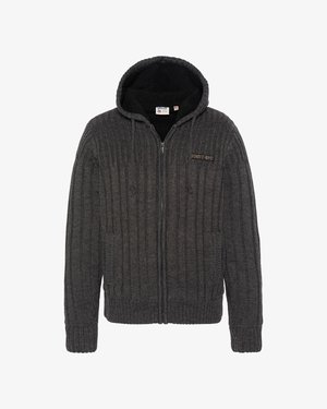 Grijs gebreid capuchonvest met geribbelde textuur, ritssluiting en voorzakken. Heeft een zachte binnenkant en "SCHOTT-NY" logo op de borst.