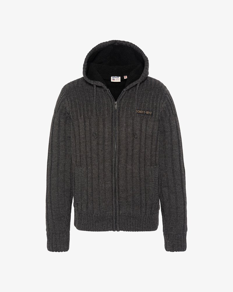 Veste à capuche en tricot gris avec texture côtelée, fermeture éclair et poches avant. Dotée d'un intérieur doux et du logo "SCHOTT-NY" sur la poitrine.