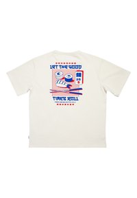 Cremefarvet bomulds t-shirt med et retro grafisk design, der viser sushi-ruller, blå og røde tekster og spisepinde.