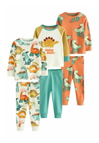 Vierteiliger Pyjama-Set mit Dinosaurier-Muster in den Farben Creme, Orange, Grün und Blaugrün; verfügt über verschiedene Dinosaurier-Illustrationen und einen gemütlichen Stoff.