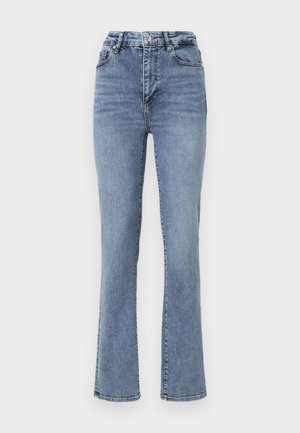 Jeans in denim blu a vita alta con un design dritto, caratterizzati da uno stile classico a cinque tasche e sottili dettagli di cucitura.