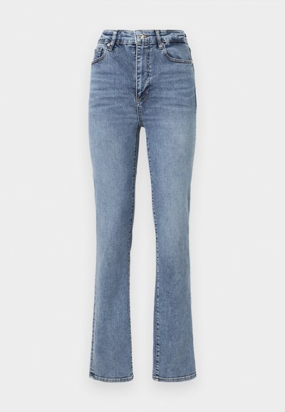 High-waisted blue denim jeans with a straight-leg design, featuring a classic five-pocket style and subtle stitching accents.