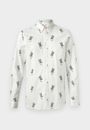 White button-up shirt with black floral pattern, long sleeves, and button collar. Smooth fabric with a relaxed fit. Features subtle orange accent button.