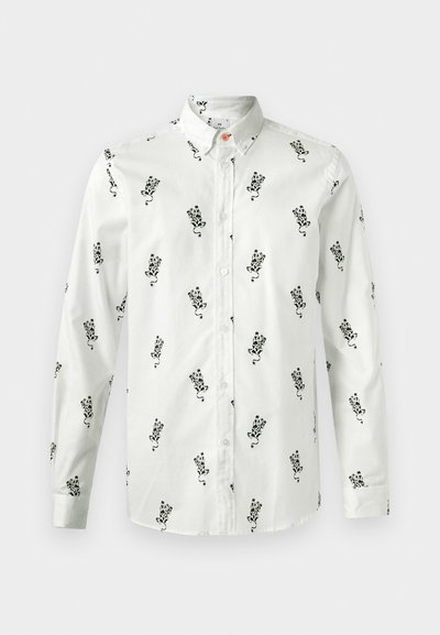 Cămașă albă cu mâneci lungi și model floral negru, cu guler cu nasturi. Țesătură fină, cu o croială lejeră. Dotată cu un nasture de accent discret portocaliu.