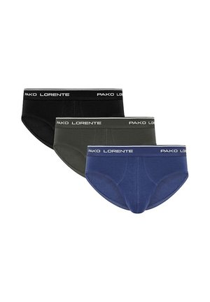 Trzy pary slipów Pako Lorente w kolorze czarnym, oliwkowym i granatowym. Wykonane z miękkiej tkaniny z elastycznymi gumkami w pasie, które wyeksponowane są nazwą marki.