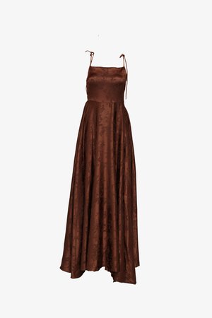 Brown satin evening dress with spaghetti straps, A-line shape, floor length, featuring subtle floral patterns and a smooth texture.