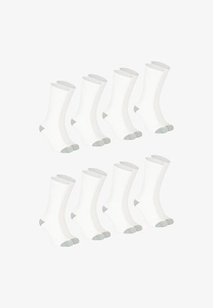 Lot de huit chaussettes blanches avec des orteils et des poignets gris. Les chaussettes ont une texture côtelée et un design longueur cheville.