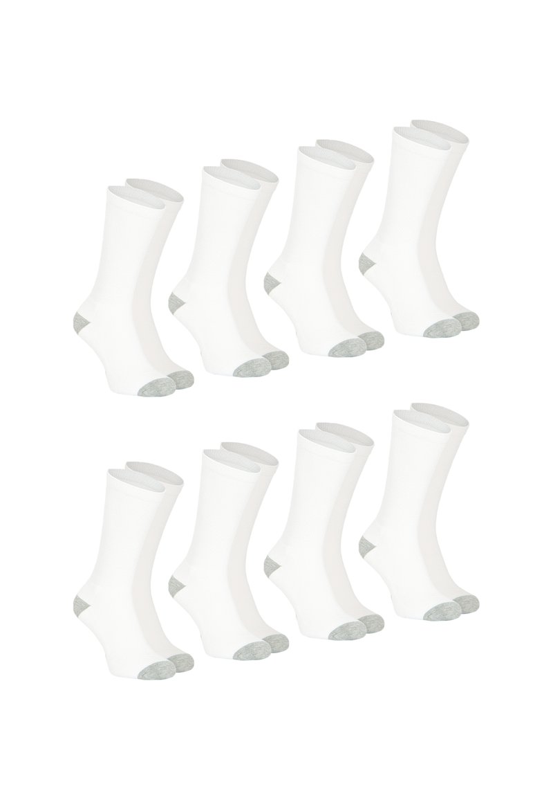 Lot de huit chaussettes blanches avec des orteils et des poignets gris. Les chaussettes ont une texture côtelée et un design longueur cheville.