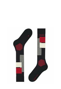 Zwarte gestreepte sokken met geometrische vormen in rood, wit en textuurlijnen. Inclusief merklogo in het rood. Gladde stof.