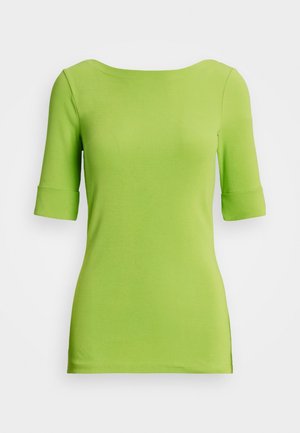 Groen T-shirt met korte mouwen en een ronde hals, gemaakt van een glad, rekbaar materiaal. Voorzien van opgevouwen manchetten en een aansluitend silhouet.