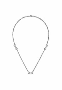 Collana d'argento con una catena delicata, caratterizzata da tre accenti a forma di fiocco scintillanti. Ogni fiocco presenta dettagli in pietre trasparenti, creando un leggero luccichio.