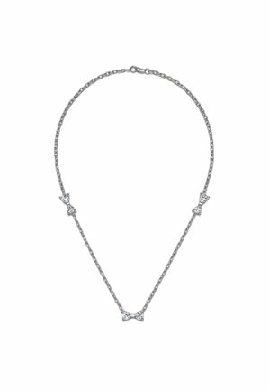 Silberne Halskette mit zartem Kettenmuster, die drei funkelnde Schleifenakzente aufweist. Jede Schleife hat klare Steindetails, die einen subtilen Schimmer erzeugen.