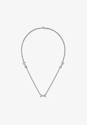 Collana d'argento con una catena delicata, caratterizzata da tre accenti a forma di fiocco scintillanti. Ogni fiocco presenta dettagli in pietre trasparenti, creando un leggero luccichio.