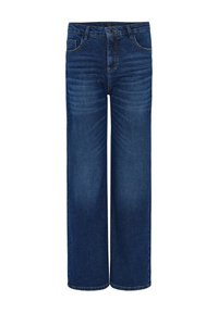 Jean bleu foncé à jambes larges avec poches avant, fermeture par boutons, et détails délavés au niveau des cuisses.