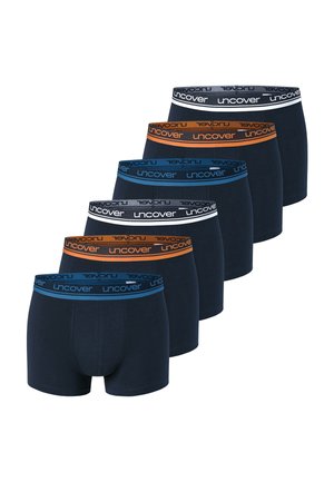 Sei paia di boxer blu navy con vita elastica in blu, arancione e nero, ciascuno con la scritta "uncover".