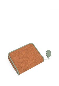 Cork wallet with green trim, zipper closure, rounded corners, and a textured surface. Features a green attachment tag shaped like a leaf.