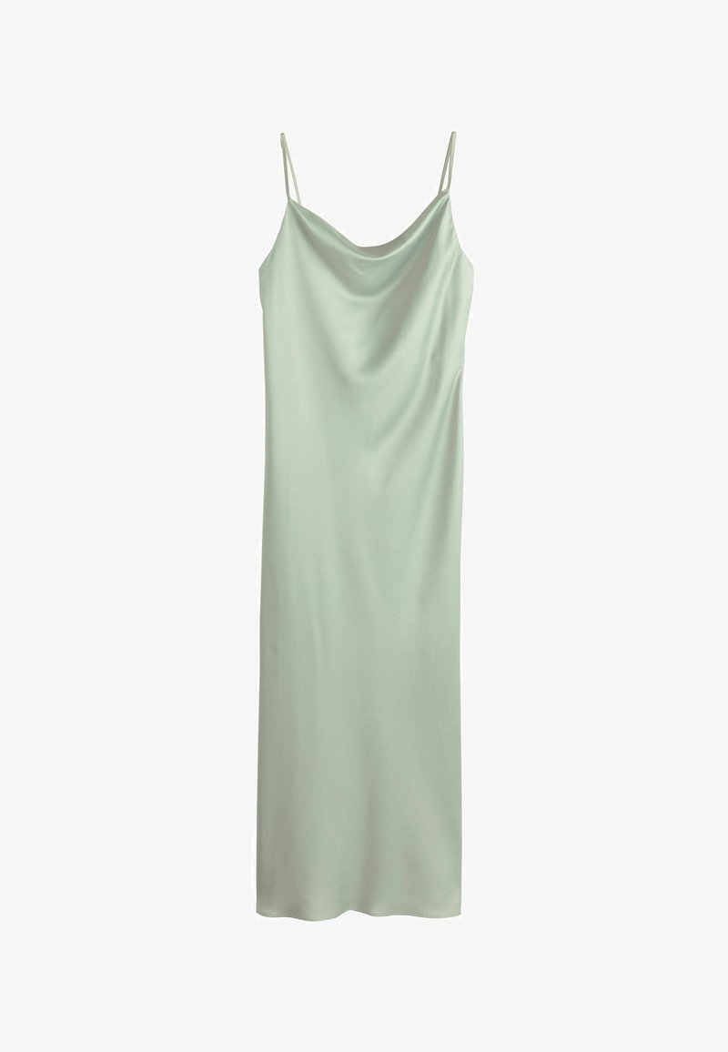 Rochie lungă din satin verde deschis cu bretele subțiri tip spaghete și decolteu drapat.