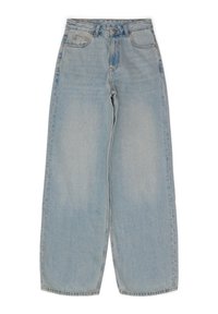 Jeans wide-leg en denim bleu clair à taille haute, avec deux poches avant et des passants de ceinture. Le tissu a une apparence légèrement décolorée.