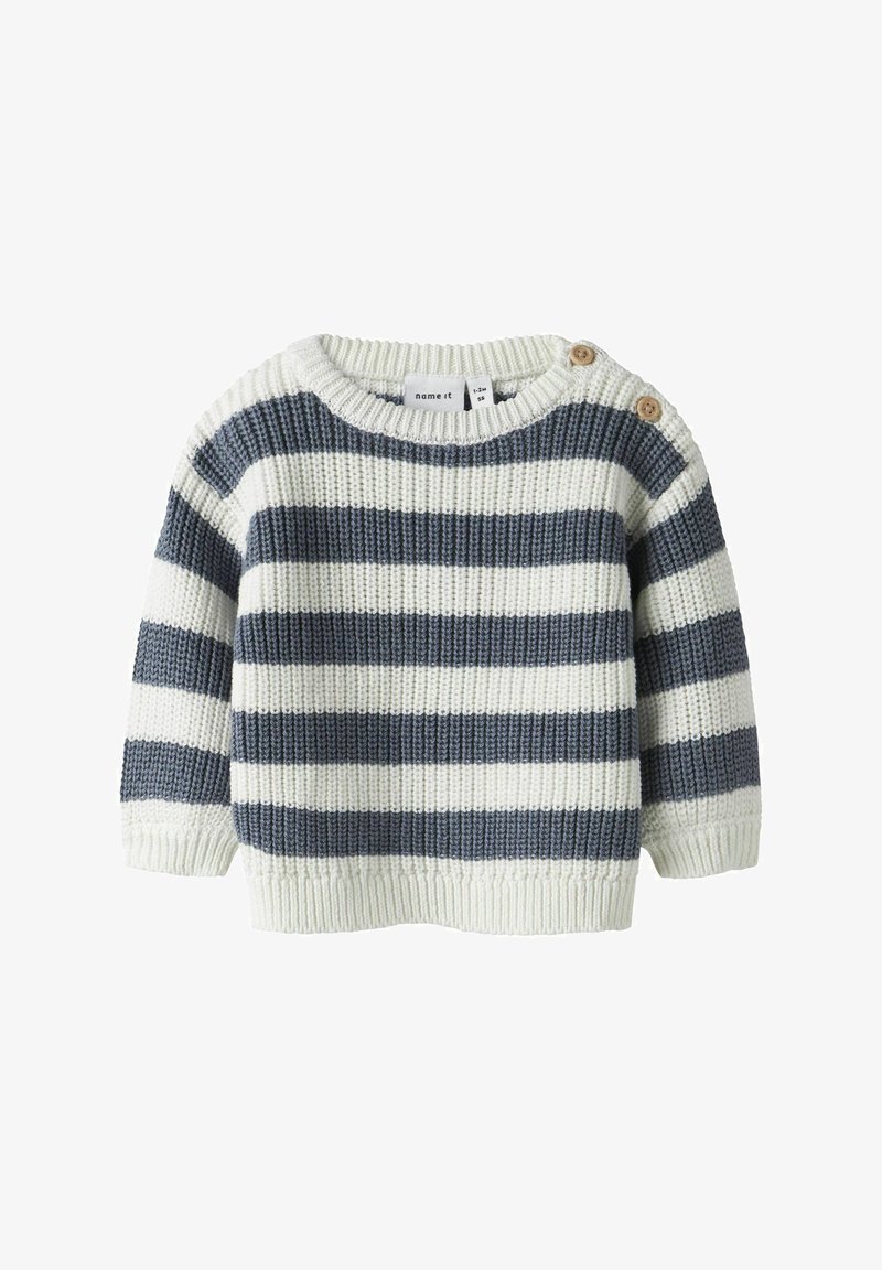 Gestreifter Pullover in Creme und Marineblau, gestrickte Textur, runder Kragen, kurze Ärmel, mit zwei Holzknöpfen an der Schulter.