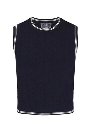 Tume sinine käisteta tip, millel on teemantikujuline tekstuur, valgete triipudega äärised kaeluses ja allääres, valmistatud hingavast kudumaterjalist.