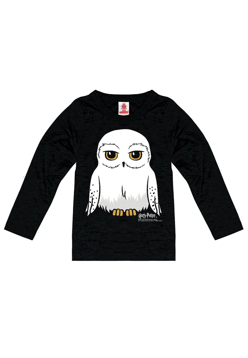 Black long-sleeve shirt featuring a white owl graphic with yellow eyes and gray accents; "Harry Potter" text at the bottom.