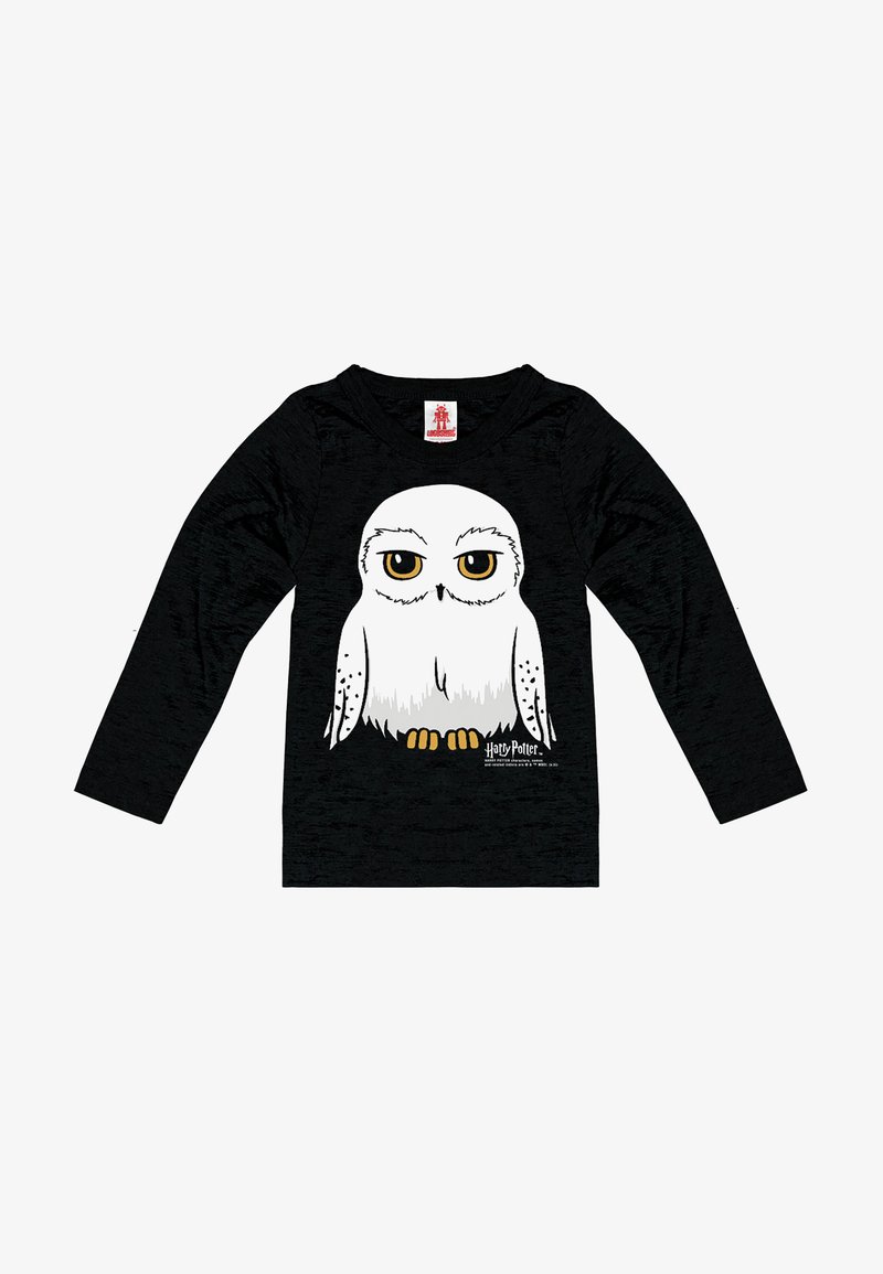Black long-sleeve shirt featuring a white owl graphic with yellow eyes and gray accents; "Harry Potter" text at the bottom.