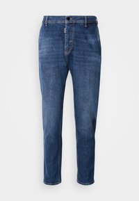 Jeans din denim de culoare bleumarin închis, cu un design drept, având un sistem de închidere cu buton și fermoar frontal, cinci buzunare și detalii de decolorare ușoară.