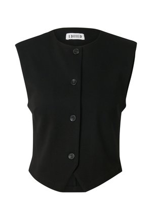 Zwarte mouwloze vest met een ronde halslijn, frontsluiting met vier knopen, getailleerde pasvorm en een gladde stoffen textuur.