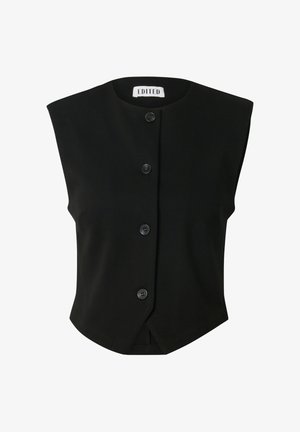 Zwarte mouwloze vest met een ronde halslijn, frontsluiting met vier knopen, getailleerde pasvorm en een gladde stoffen textuur.