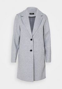 Grijze wollen jas met een op maat gemaakt ontwerp, geknipte revers, sluiting met één zwarte knoop, zijzakken en een middellange snit.