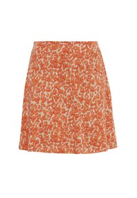 Oranje en crème mini rok met een bloemenpatroon, met een uitlopende ontwerp en een elastische tailleband voor comfort.